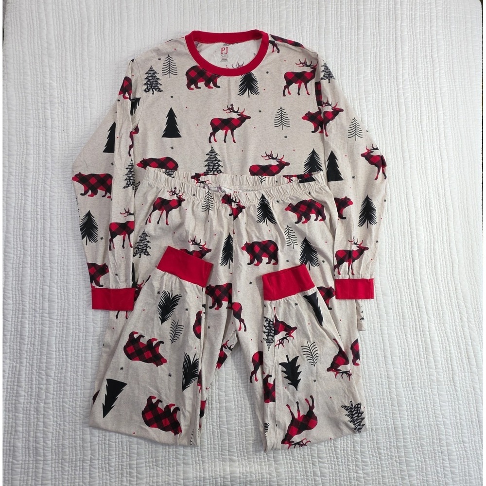 PJ Place Mens XL Pajama Set All Cotton Tan Plaid Deer Bear Holiday NWOT